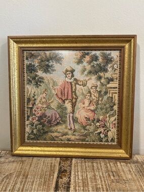 Vintage Framed Pastoral Tapestry • Rococo Courting Scene • 12”x12” Wall Art